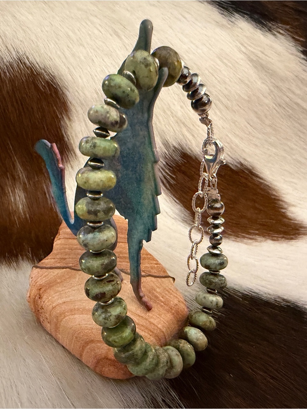 ❤️ 925 Desert Pearls & Saucers Cerrillos Green Turquoise Bracelet Unisex 7+2”L - Picture 7 of 13